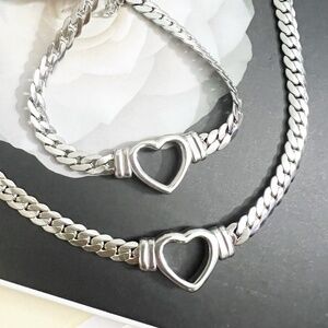 SILVER Plated snake Chain Heart Necklace Set Bracelet Stainless Steel Womens